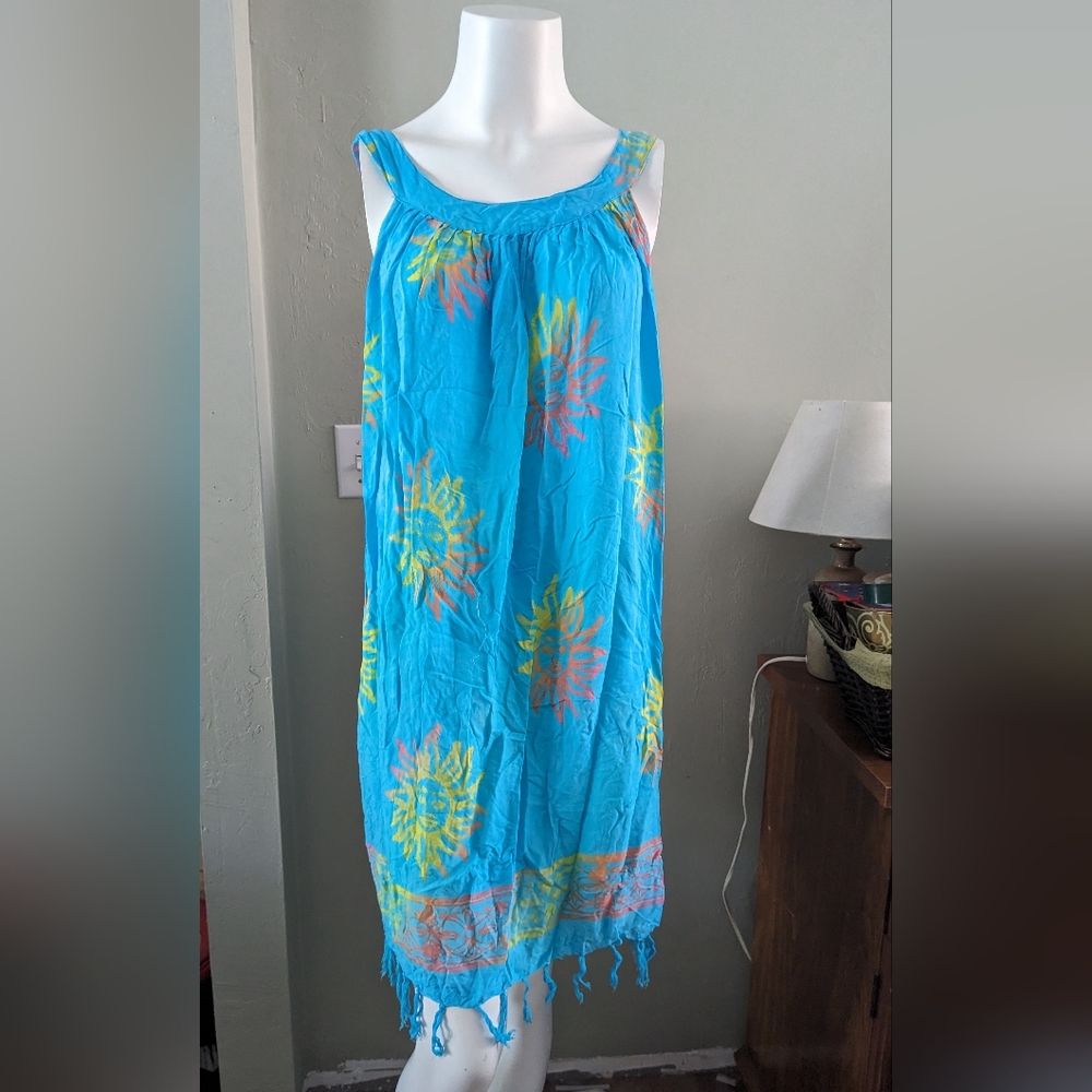 Coline Beach Coverup Dress Sleeveless Size Large Sun Turquoise color Fringe